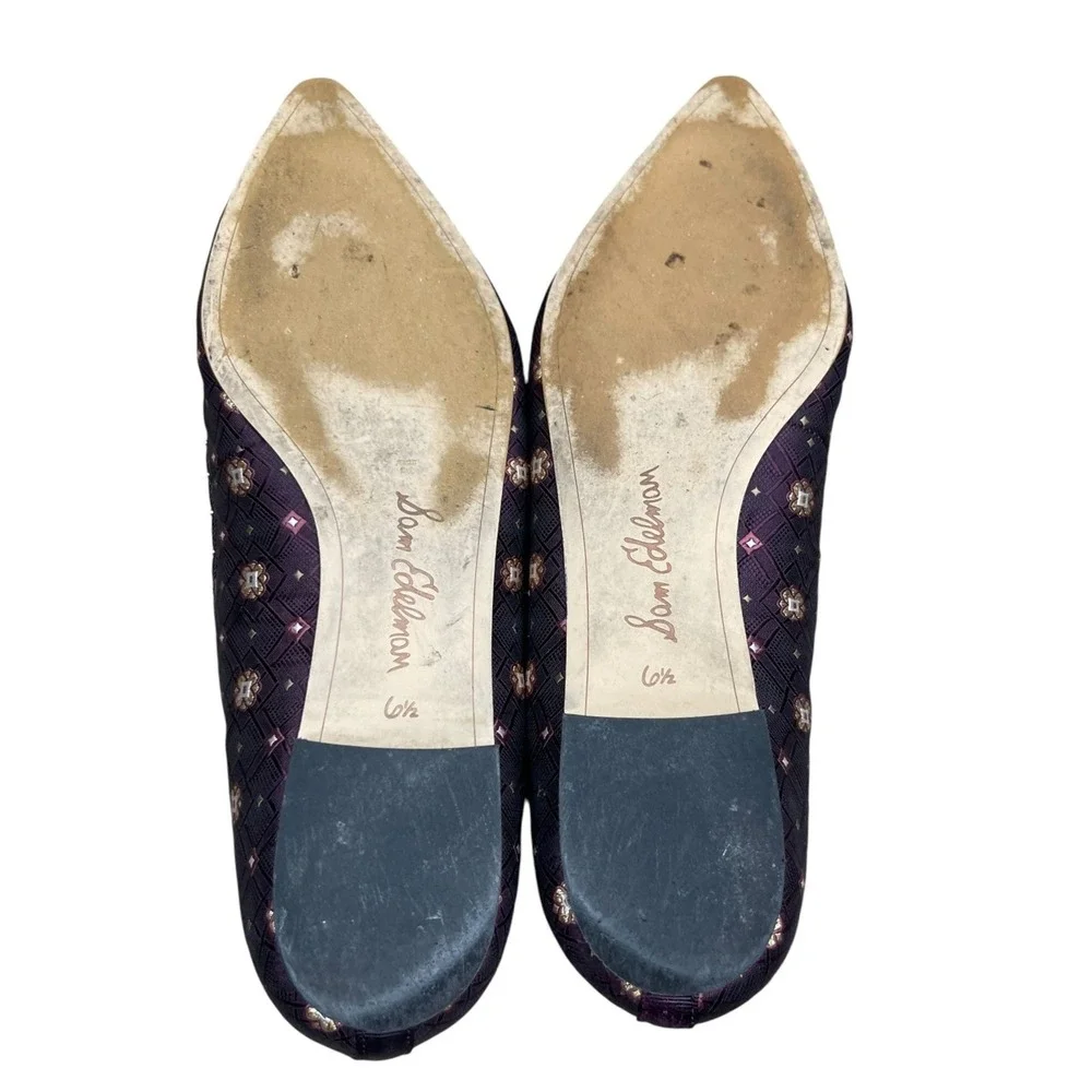 Sam Edelman Women Purple Pointed Toe Flats Size 6.5 Jacquard Studded Floral - Picture 12 of 13